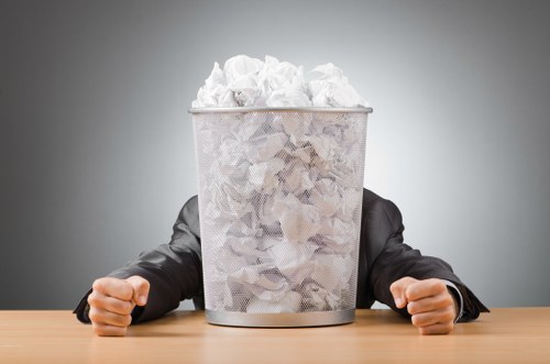 An individual dressed in a dark suit with only their arms visible, positioned behind a metallic waste bin filled with crumpled white paper, placed on a polished wooden table. The bin is cylindrical with a fine mesh pattern and is densely packed with the paper, some of which overflows slightly. The background is a plain light grey, and the lighting is even, highlighting the textures of the crumpled paper and the reflective surface of the bin. This scene illustrates waste collection or rubbish disposal, aligning with services provided by Garden Clearance Whitechapel in the local area. The setup suggests an office or indoor environment where rubbish is being managed, emphasizing the sensibility of proper waste disposal practices.